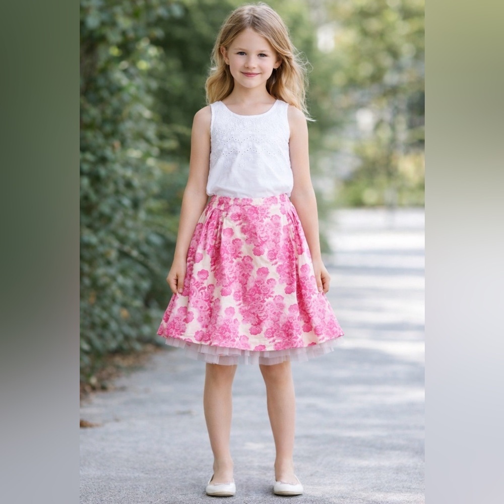 NEW! Crewcuts Pink Floral Print A-Line Skirt with Tulle Underskirt Detail SZ 8